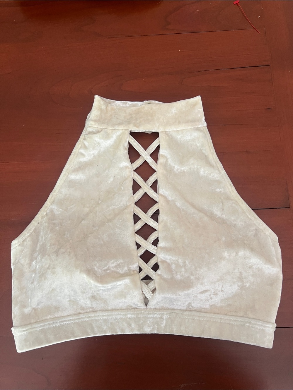 High Neck Crisscross Velvet Crop Top - Cream